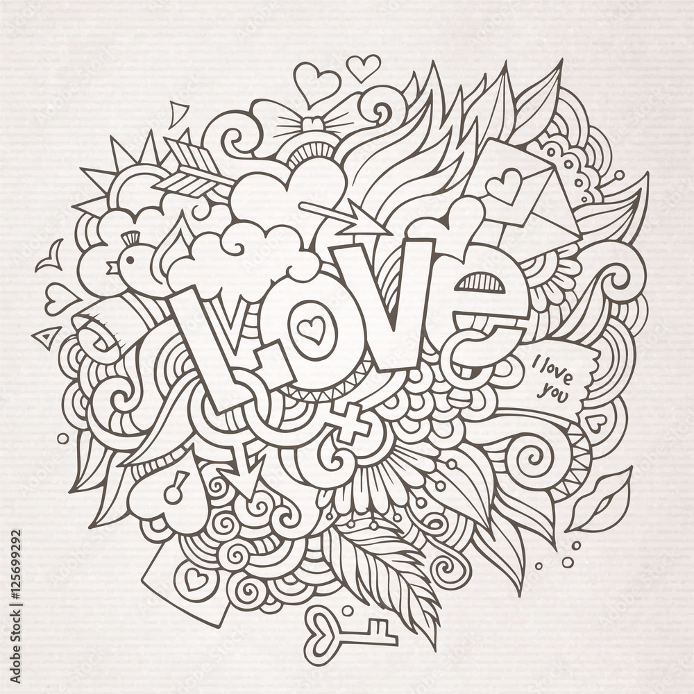 Love hand lettering and doodles elements sketch