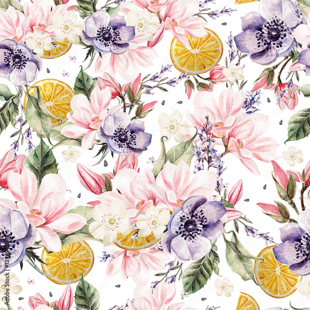 Naklejka premium Colourful watercolor pattern with flowers of lavender, magnolia, anemones, and orange fruits. Illustrations.