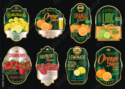 Set of organic fruit retro vintage golden labels collection