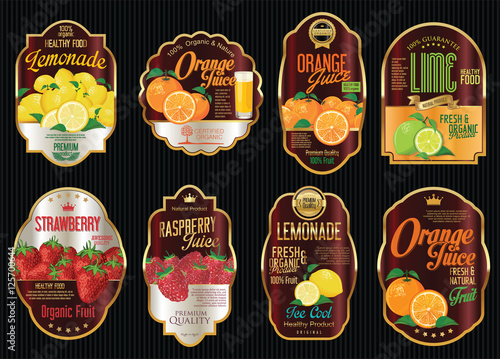 Set of organic fruit retro vintage golden labels collection