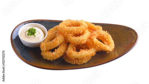 fried squid in ceramic plate isolated on white background