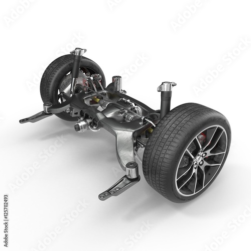 Sedan back suspension with new tire on white. 3D illustration