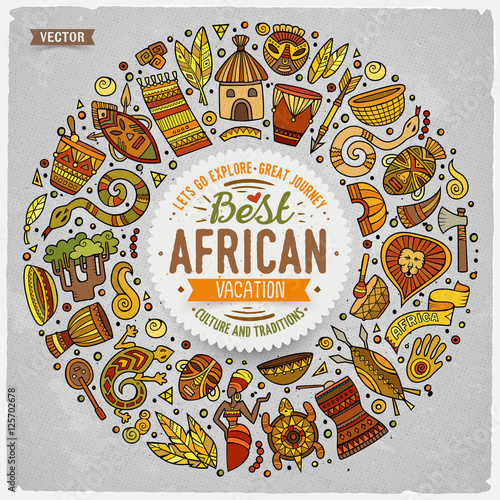 Set of Africa cartoon doodle objects round frame