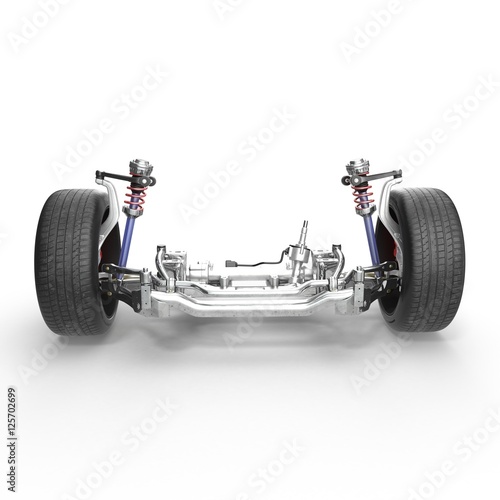 Sedan front suspension with new tire on white. 3D illustration