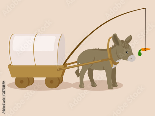Donkey pulling carriage chasing a carrot vector