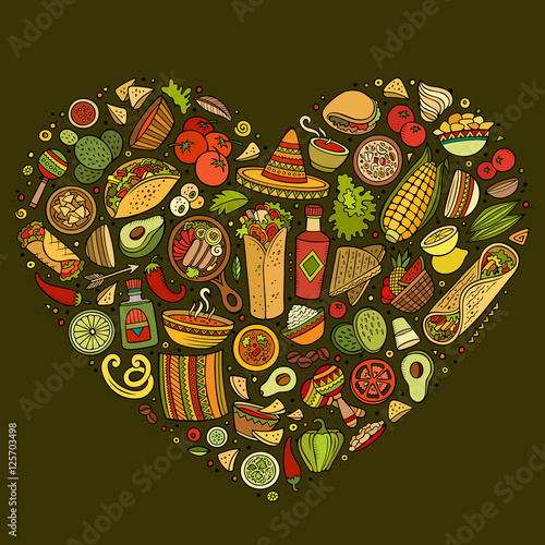 Set of Mexican food cartoon doodle objects