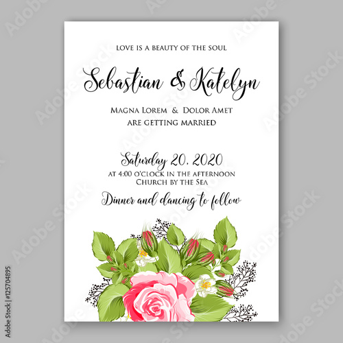 Wedding invitation template design wreath rose Romantic pink rose bridal bouquet 
