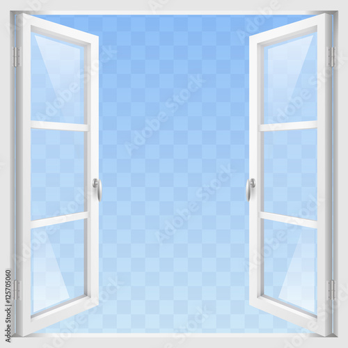 White Classic wooden open window with transparent glass. Vector graphics