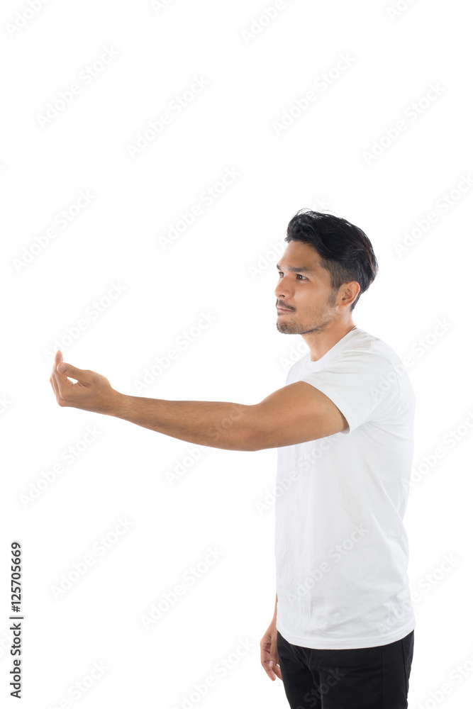 Young handsome man showing middle finger with isolated on white Young handsome man showing middle finger with isolated on white