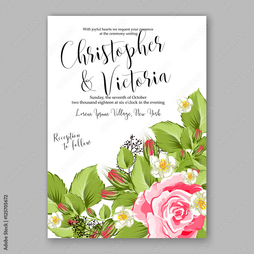 Fototapeta Wedding invitation template design wreath rose Romantic pink rose bridal bouquet