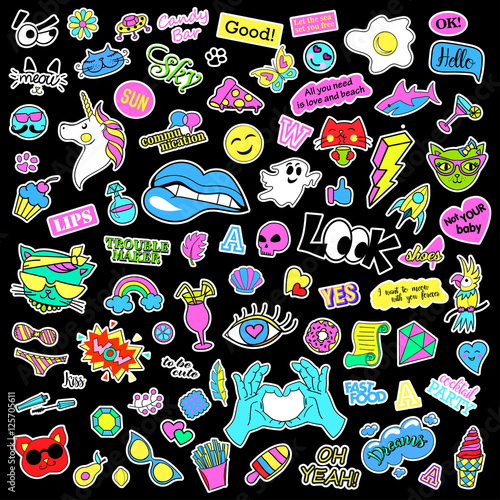Fashion quirky cartoon doodle patch badges with cute elements. Isolated vector. Set of stickers,pins,patches in cartoon comic style of 80s 90s. Hearts,speech bubbles,love, lips, hearts, eyes, stars.