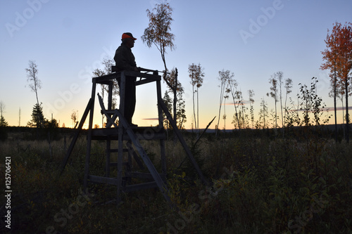 Silhouette of a Moose hunter standing in a hunting tower photo