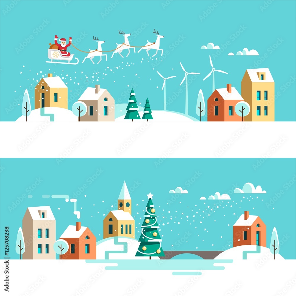 Winter town snowy street. Urban landscape. Christmas card Happy Holidays banner. Vector illustration flat design.