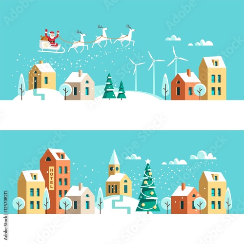 Winter town snowy street. Urban landscape. Christmas card Happy Holidays banner. Vector illustration flat design.