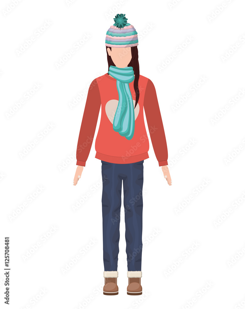 avatar woman standing and wearing winter clothes. over white background. vector illustration