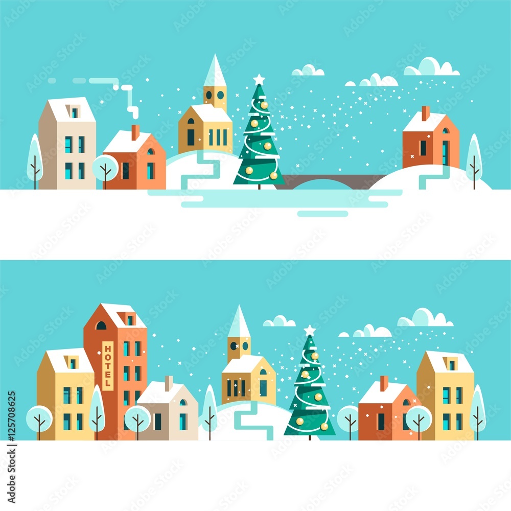 Winter urban landscape. Christmas winter city street with small houses and trees. Flat style vector illustration.