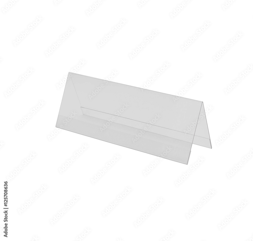 Transparent acrylic table stand display for menu isolated, white background Transparent acrylic table stand display for menu isolated, white background