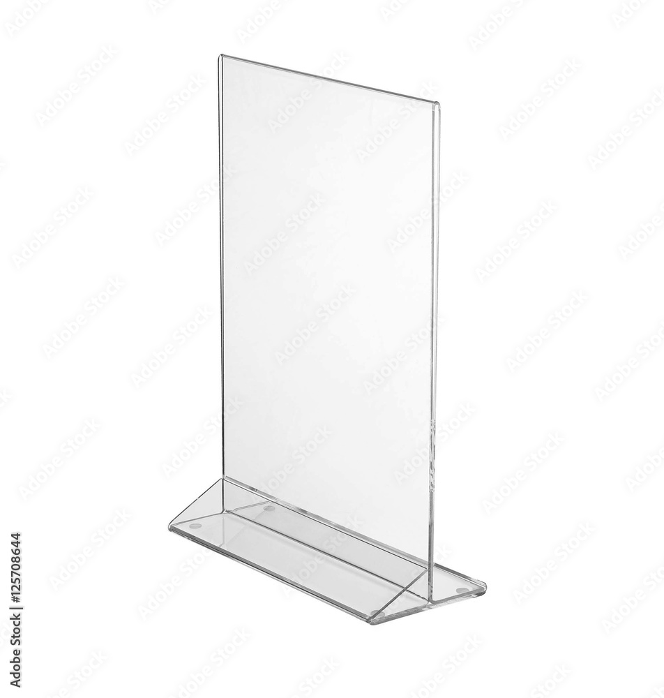 Transparent acrylic table stand display for menu isolated, white background Transparent acrylic table stand display for menu isolated, white background