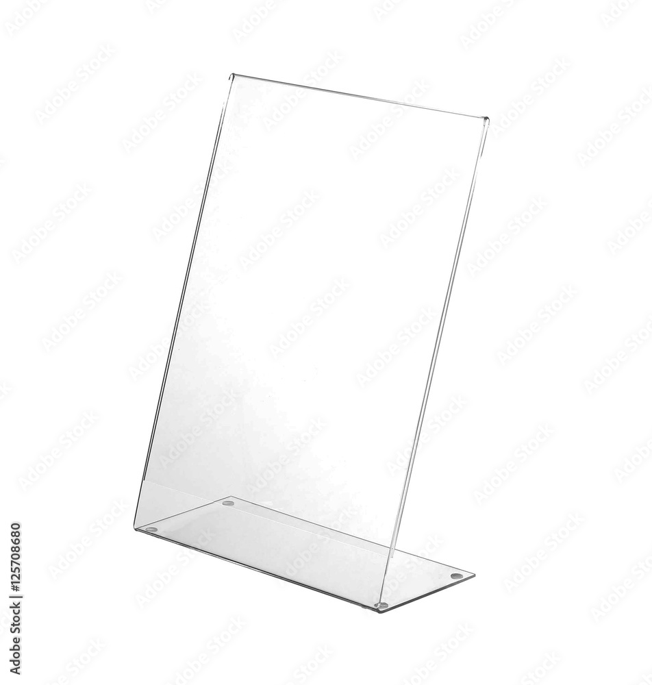 Transparent acrylic table stand display for menu isolated, white background - obrazy, fototapety, plakaty 