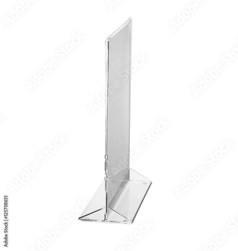 Transparent acrylic table stand display for menu isolated, white background