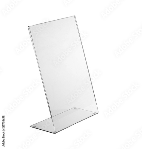 Transparent acrylic table stand display for menu isolated, white background