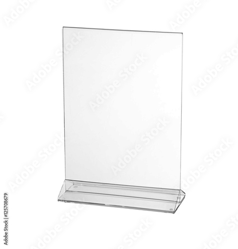 Transparent acrylic table stand display for menu isolated, white background