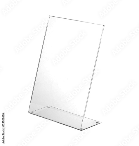 Transparent acrylic table stand display for menu isolated, white background photo