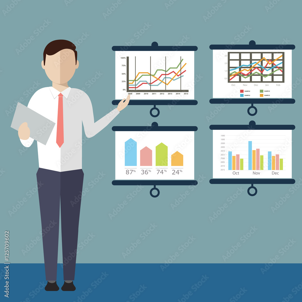 Businessman with a task, showing task and analytic, flat modern design