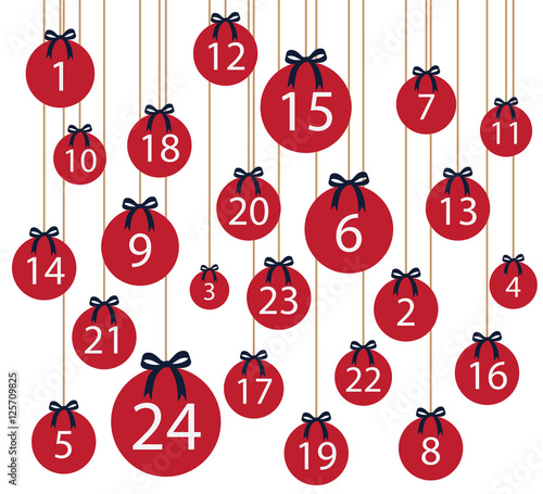 Adventskalender aus roten Chrisbaumkugeln