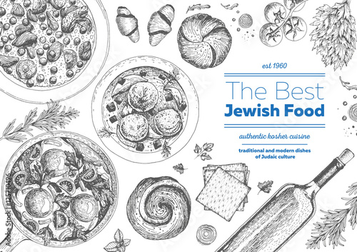 Jewish cuisine top view frame. Jewish food menu design. Kosher food. Vintage hand drawn sketch vector illustration. Linear graphic