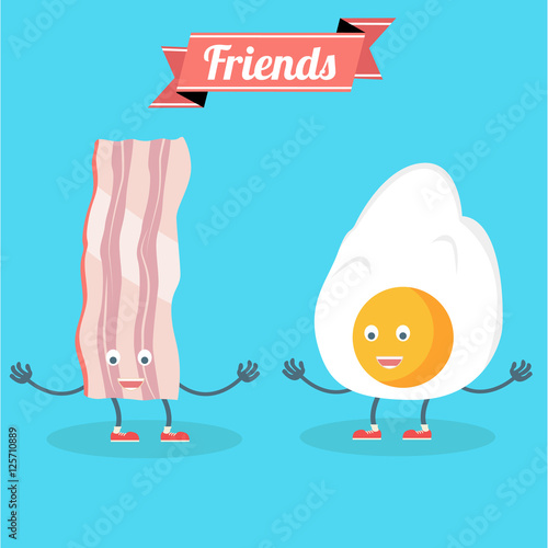 Vector cartoons of comic characters bacon and eggs. Friends forever. Breakfast