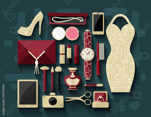 Evening woman's accessories and cosmetics. Flat design.