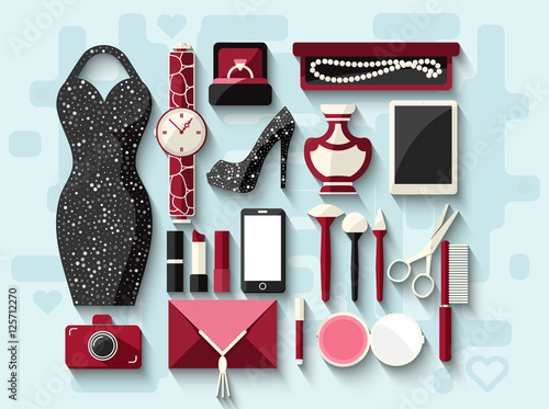 Evening woman's accessories and cosmetics. Flat design.