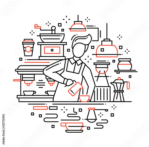 Male barista making coffee - line design composition
