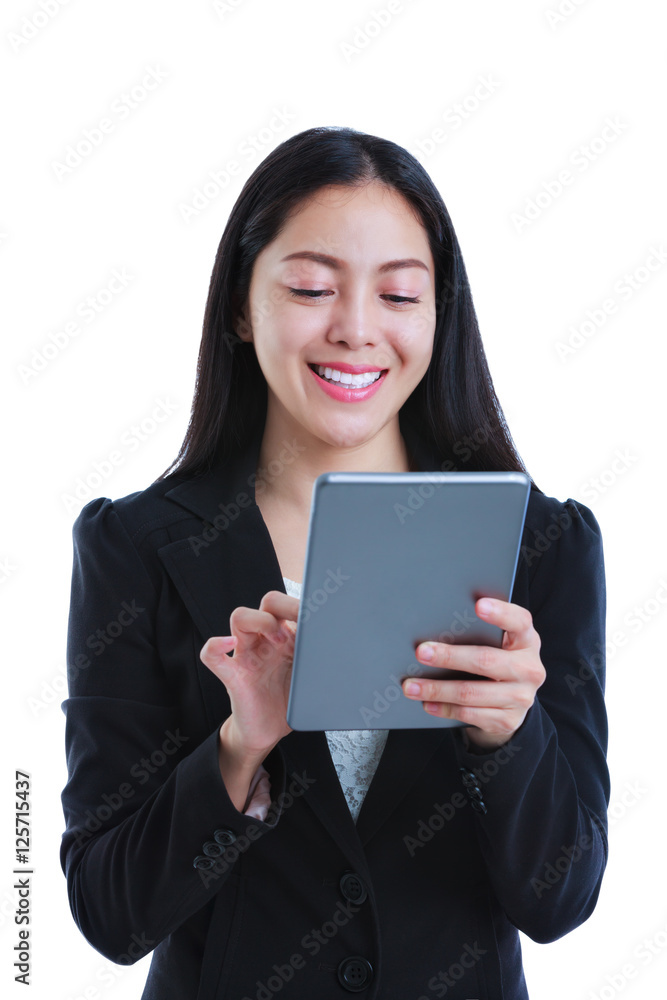 Asian woman holding tablet computer, isolated on white background Asian woman holding tablet computer, isolated on white background