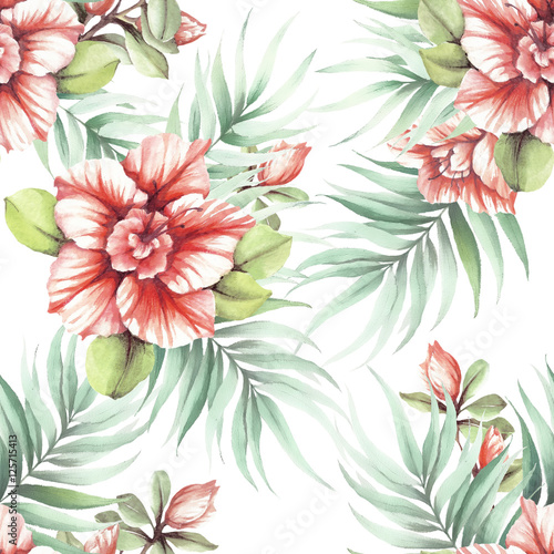 Seamless pattern with tropical flowers. Watercolor illustration