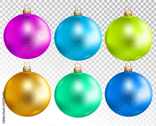 Colorful christmas balls set isolated on transparent background. Holiday christmas toy for fir tree. Vector illustration.