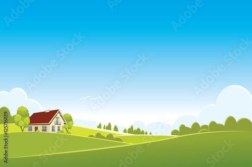 Sunrice summer or spring landscape - vector illustration 