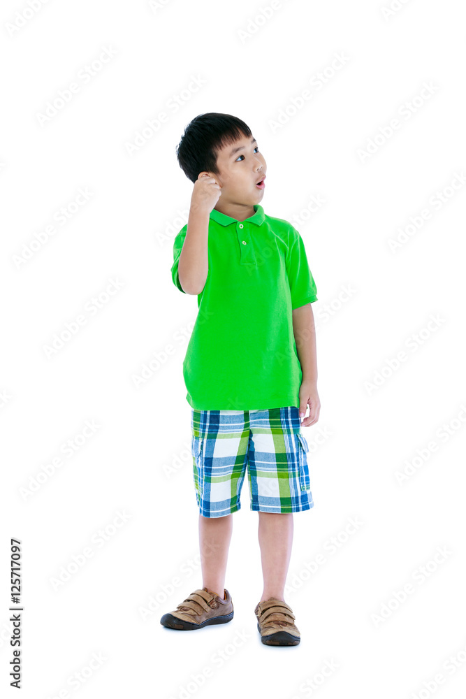 Fototapeta premium Asian child surprised, open mouth and put hand to ear. Isolated on white background.