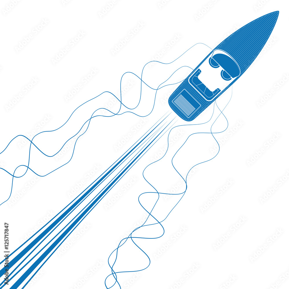 Fototapeta premium Speed boat in the ocean top aerial view. Summer vacation poster with copy space. Eps10 vector illustration.