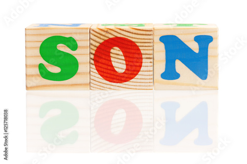 Son word formed by colorful wooden alphabet blocks, isolated on white background 