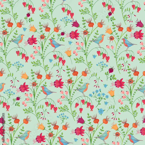 Seamless pattern with flowers and birds