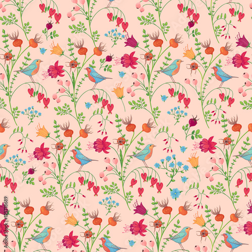 Seamless pattern with flowers and birds © barkarola