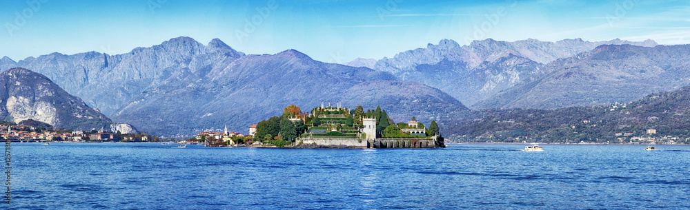 Panoramic view of Lake Maggiore with Island of Isola Bella near Stresa, Piedmont, Italy.
