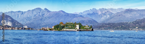 Panoramic view of Lake Maggiore with Island of Isola Bella near Stresa, Piedmont, Italy.