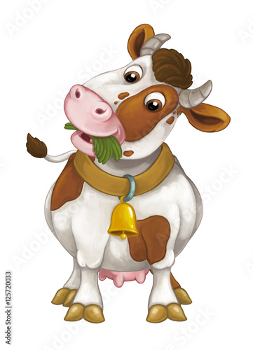 Cartoon happy cow is standing resting looking and eating grass - artistic style - isolated background - illustration for children