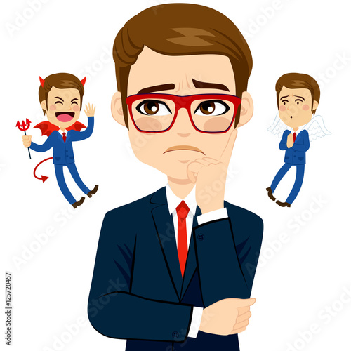 Businessman listening to an angel and a devil taking decision