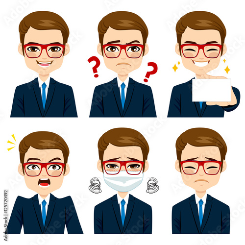 Handsome brown haired young adult businessman on six different face expressions collection