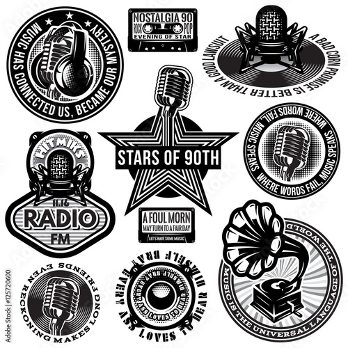 set of retro badges templates gramofon, microphones, speaker, headphones, audiocassette