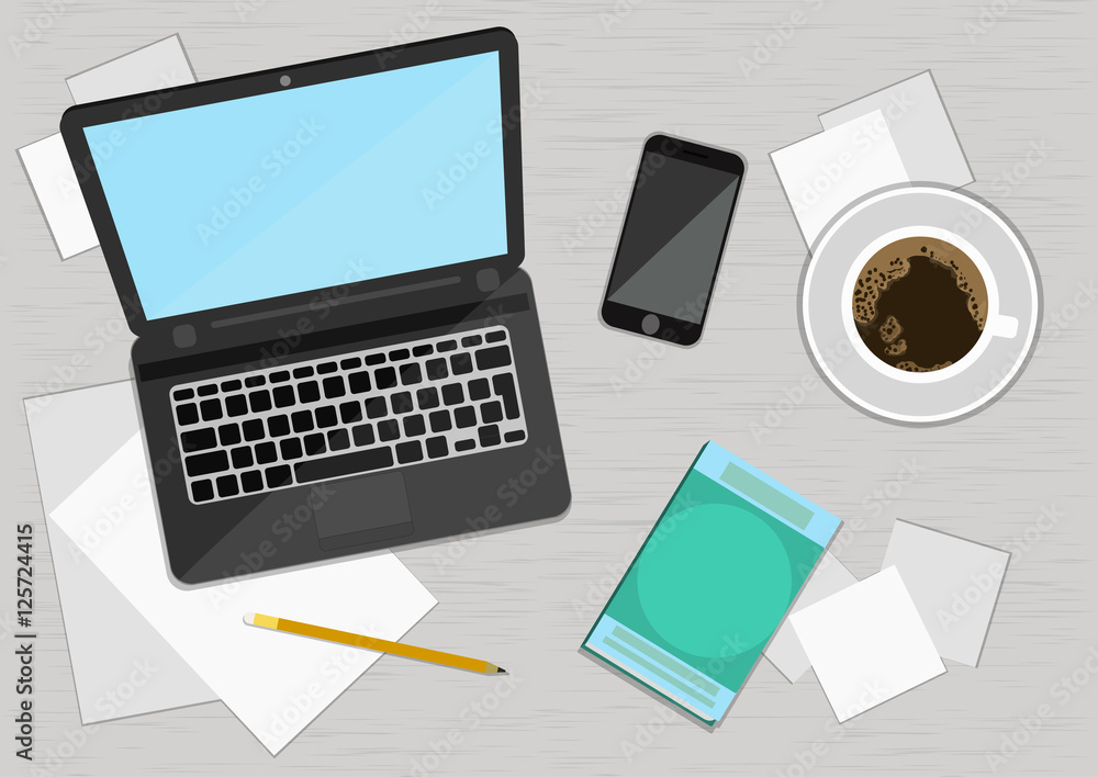 Realistic Workplace Organization. Top View. Vector illustration. Realistic Workplace Organization. Top View. Vector illustration.